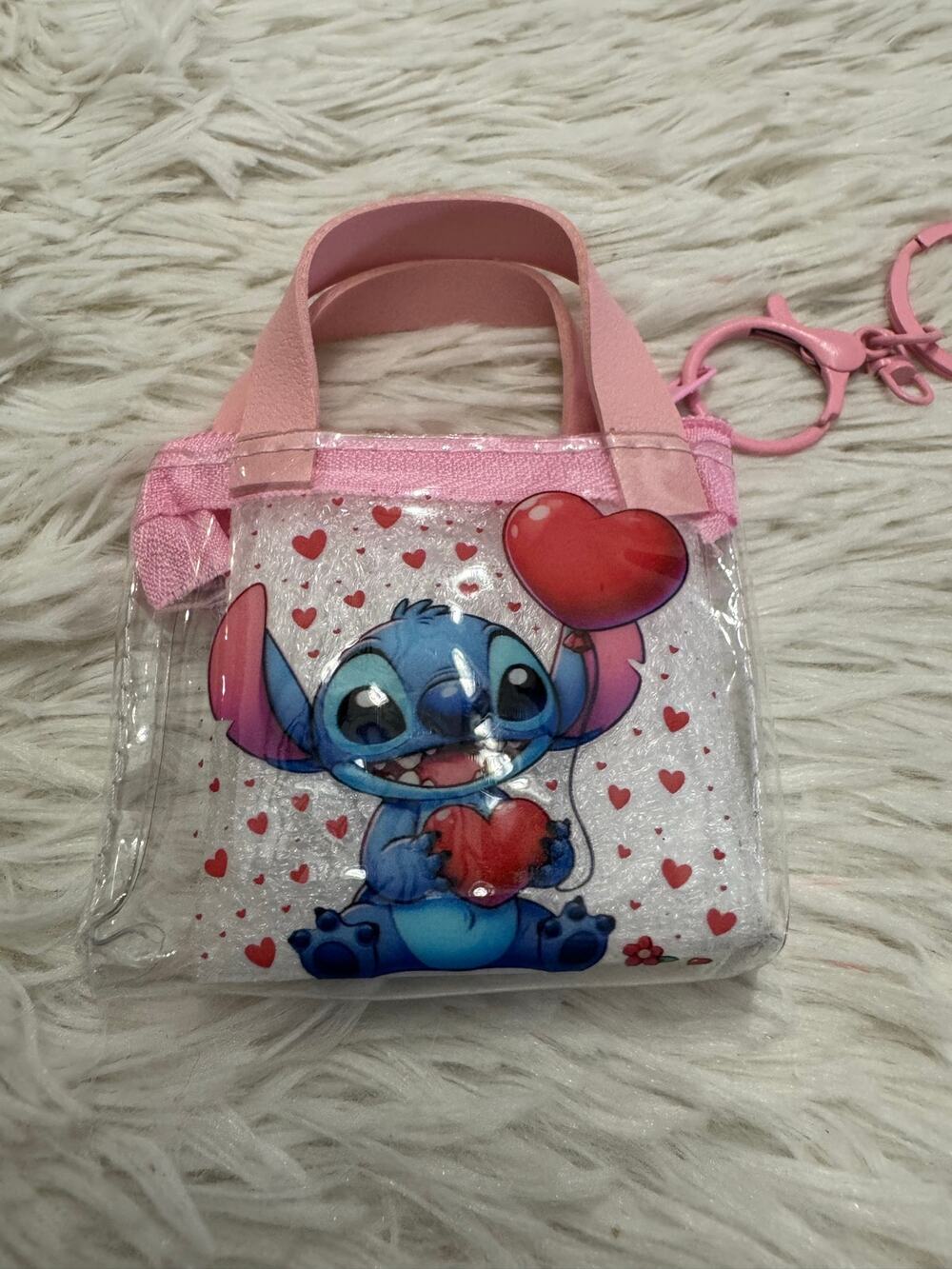 Disney Stitch clear mini bag with pink heart details and keychain